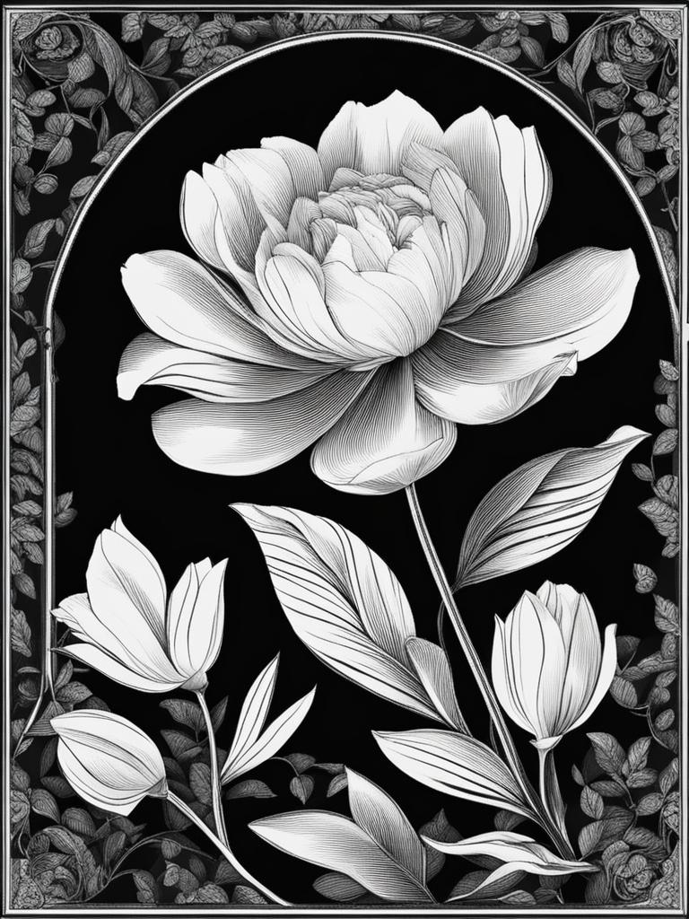 flower clipart black and white in a serene garden - featuring delicate petals. 