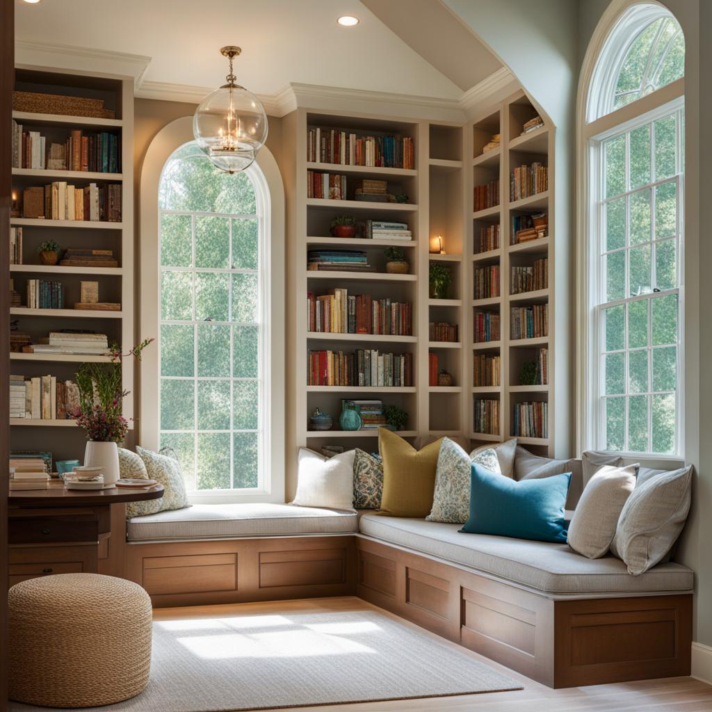 cozy reading nook with built-in bookshelves and a window seat. 