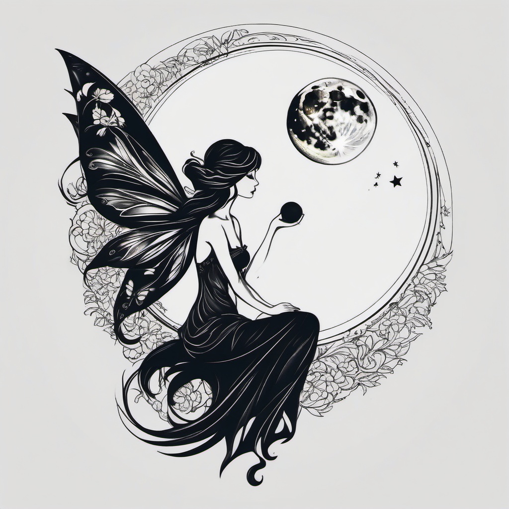 dark fairy tattoo ideas  simple color tattoo style,white background moon