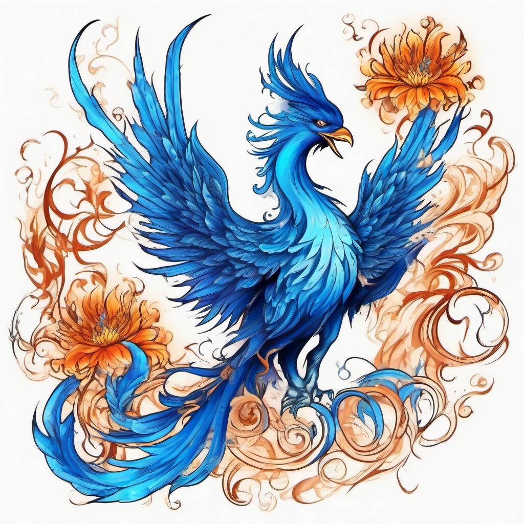 blue fire phoenix with flower
  ,tattoo design, white background