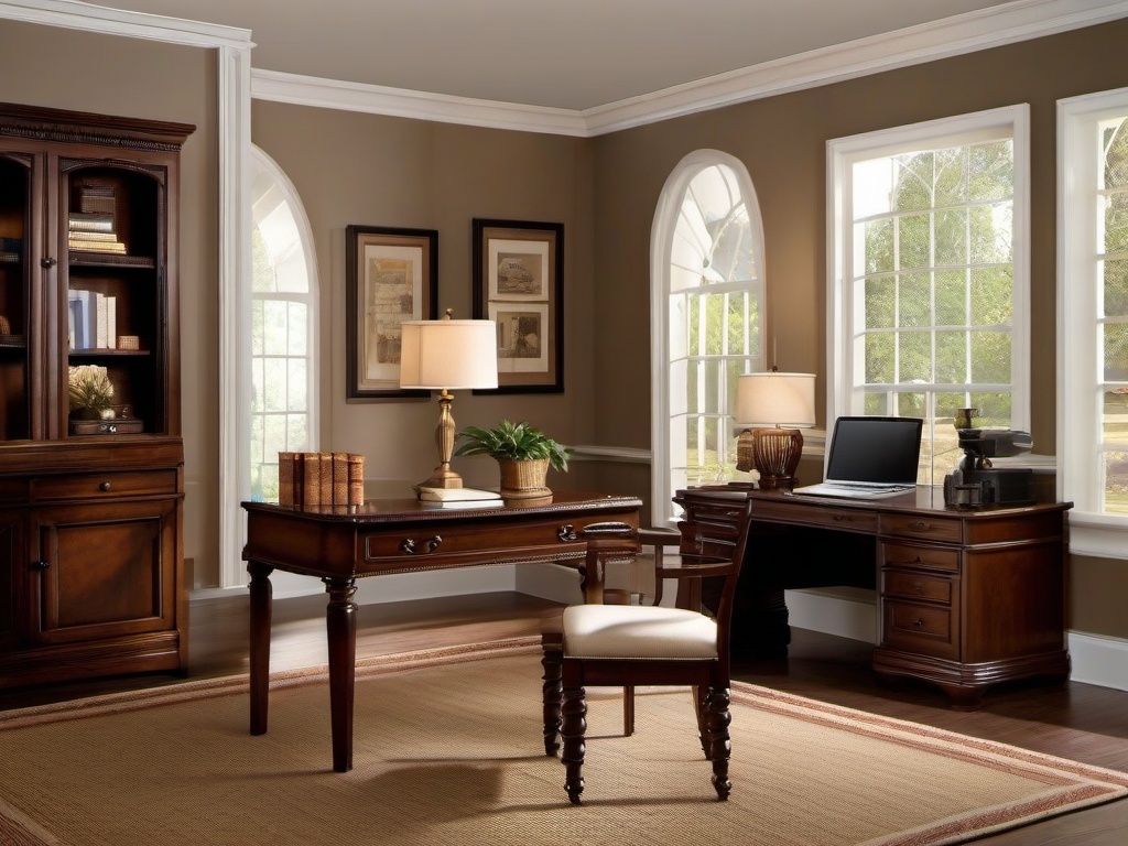 Colonial home office features classic wooden furniture, warm colors, and simple decor, providing a cozy and timeless working environment.  