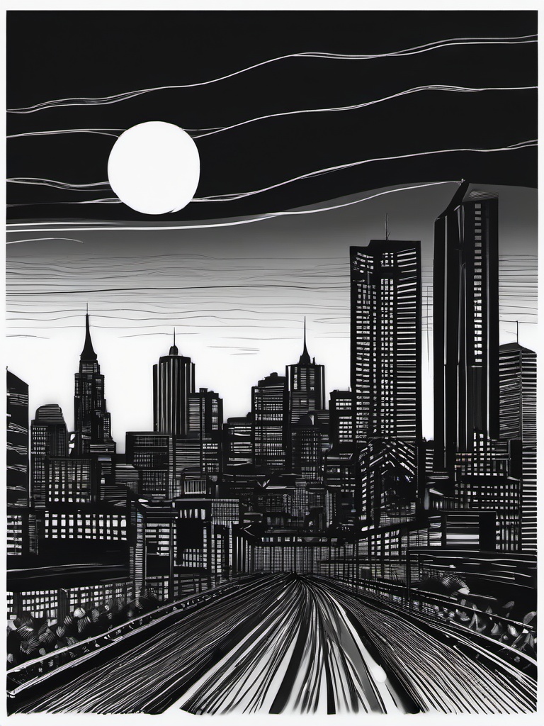 drawing of a sunset in a city  minimal rough sketch scribbles,doodles,black and white