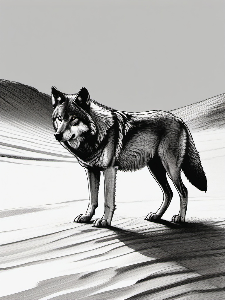 drawing of a wolf in desert  minimal rough sketch scribbles,doodles,black and white