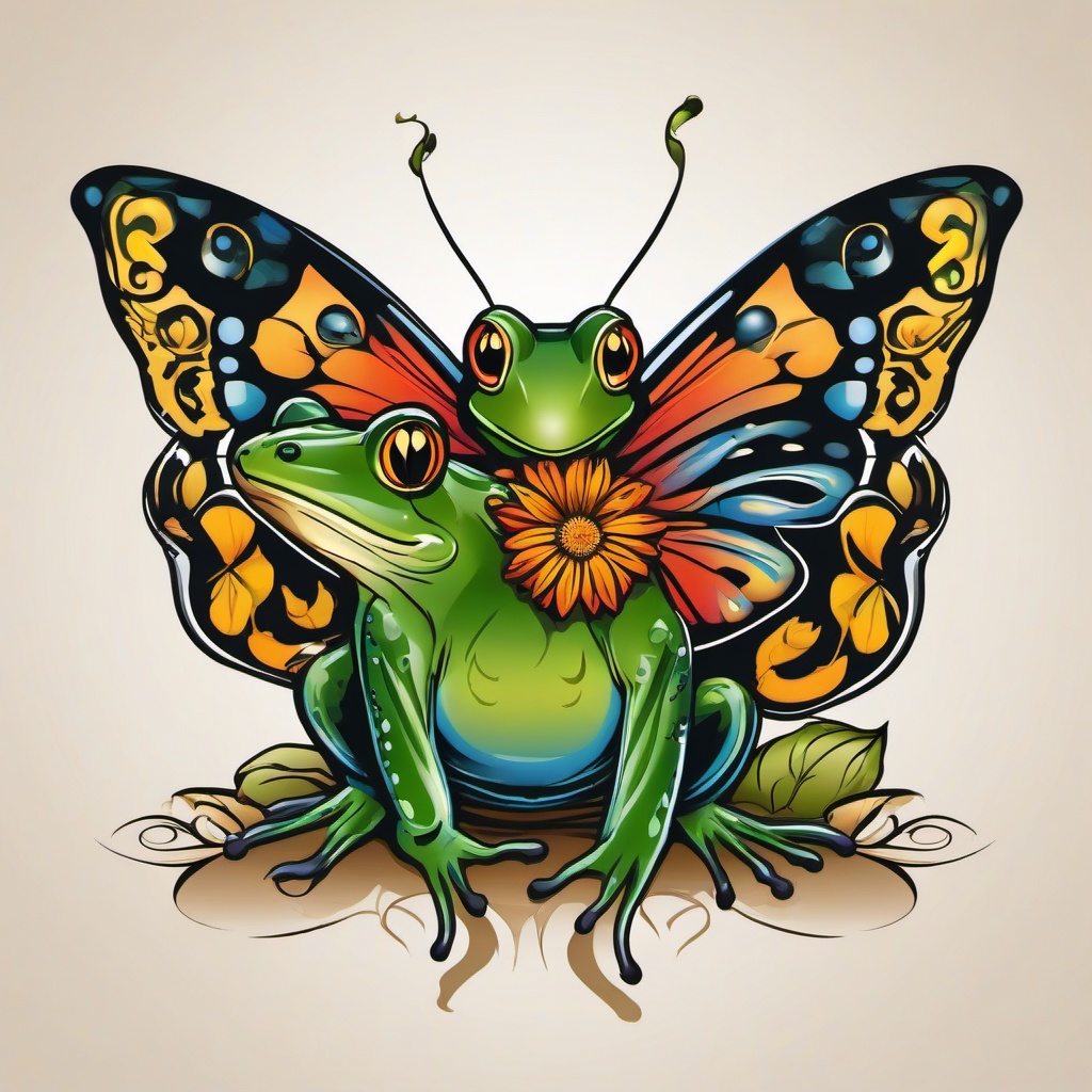Butterfly Frog Tattoo-Creative and artistic tattoo featuring a butterfly and a frog, capturing the beauty and elegance of these creatures.  simple color vector tattoo