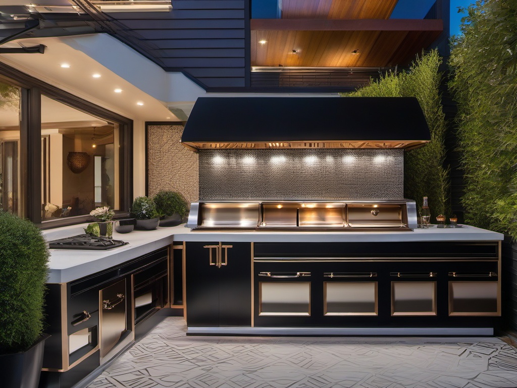 Art Deco outdoor kitchen includes bold geometric patterns, luxurious finishes, and stylish furnishings for a glamorous outdoor cooking experience.  