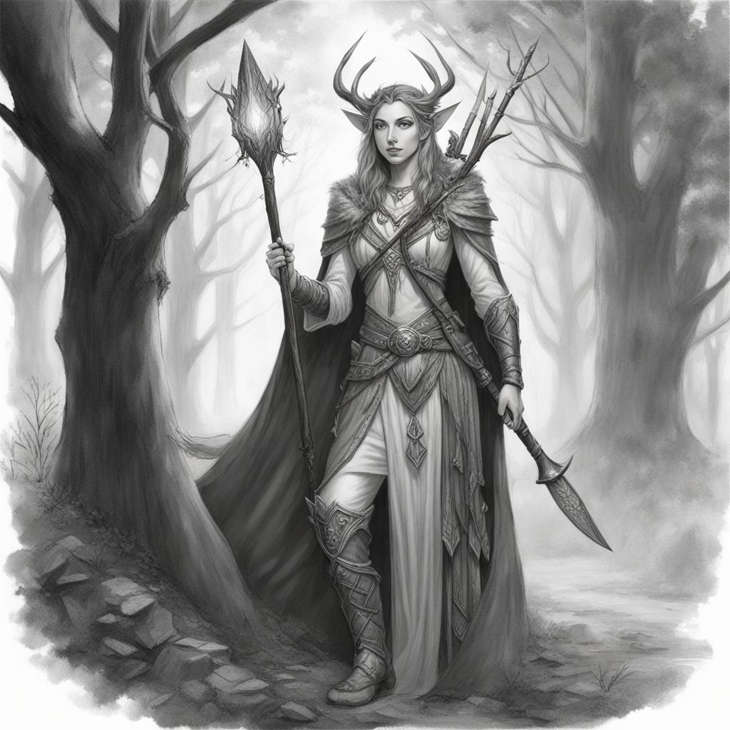 half-elf druid,sylandra starseeker,restoring balance to a corrupted forest,plagued by dark magic pencil style