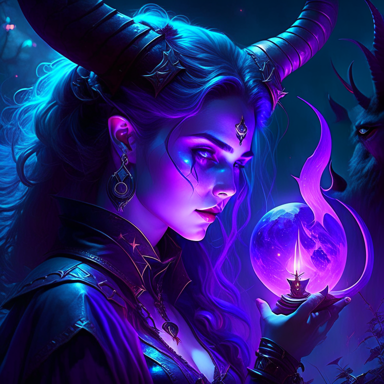 tiefling warlock, selene darkthorn, striking a pact with her otherworldly patron amidst the eerie glow of moonlight. 