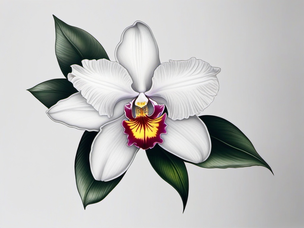 Cattleya Orchid Tattoo - Tattoo specifically featuring the cattleya orchid flower.  simple color tattoo,minimalist,white background