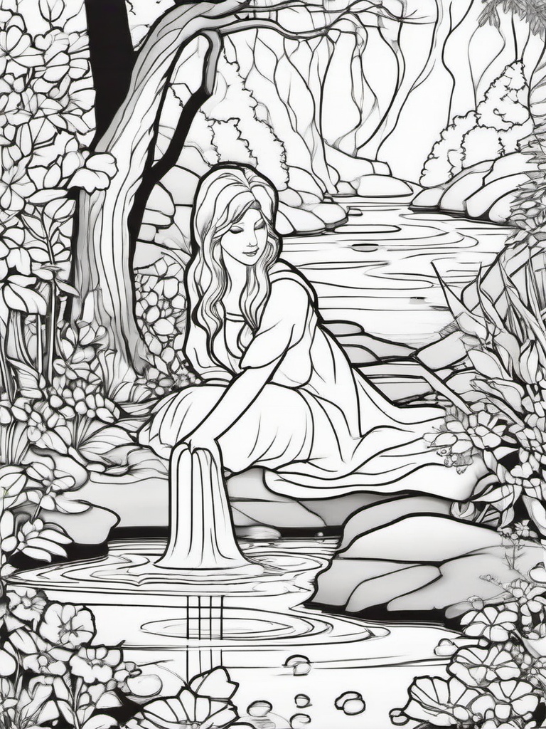 Fairy Sitting by a Stream Coloring Pages - Peaceful Fairy by a Bubbling Brook  minimal black outline printable sheet, coloring page