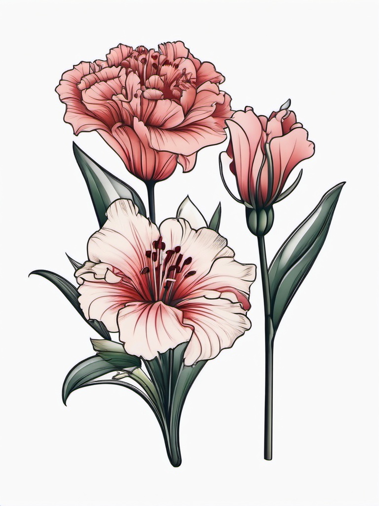 Carnation and Lily Tattoo,Symbolism of love and devotion captured in a tattoo featuring carnations and lily flowers.  simple color tattoo,minimal vector art,white background