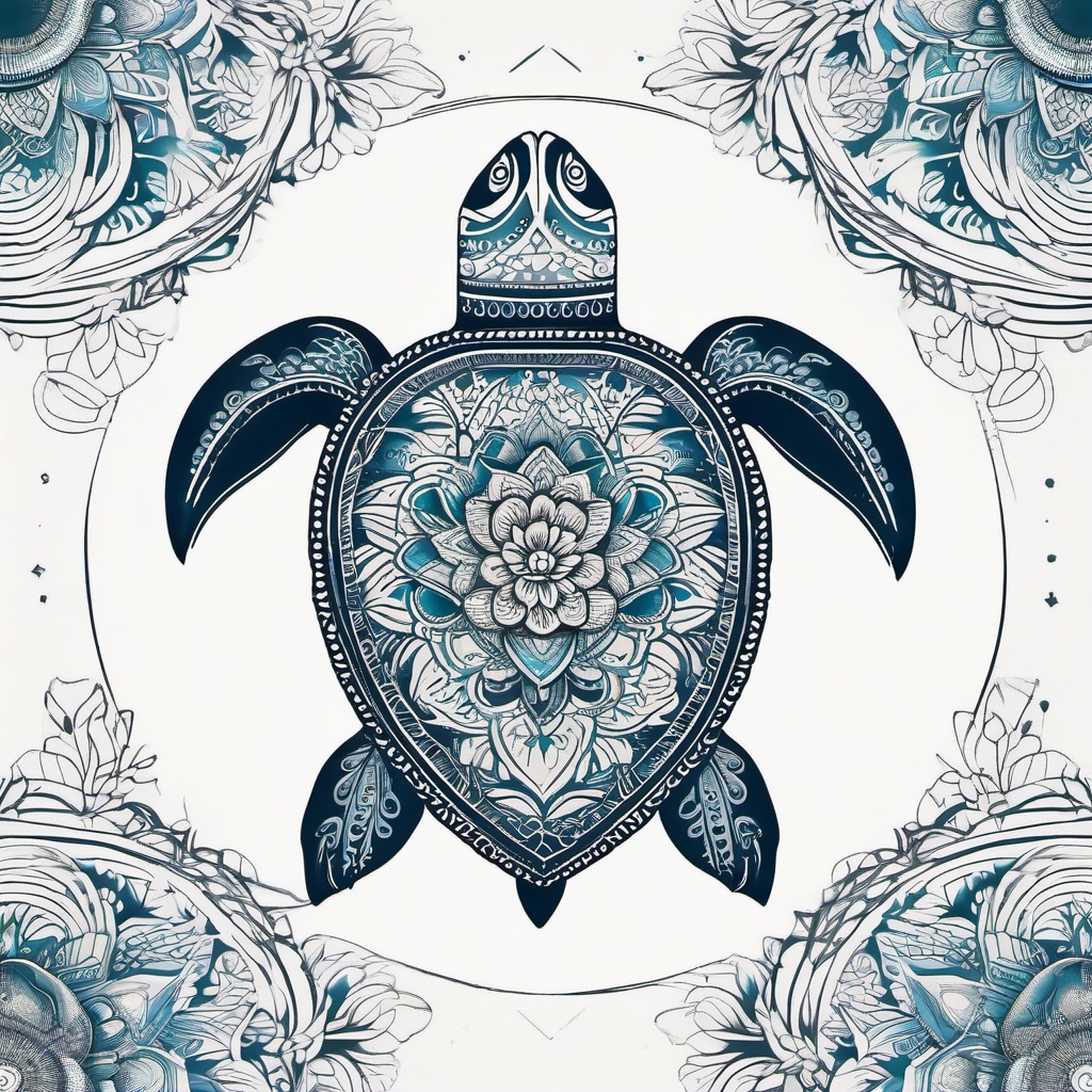 Mandala Sea Turtle Tattoo - Infuse spiritual and symbolic elements into your sea turtle tattoo with a mandala design, creating a harmonious and intricate ink choice.  simple color tattoo,minimal vector art,white background