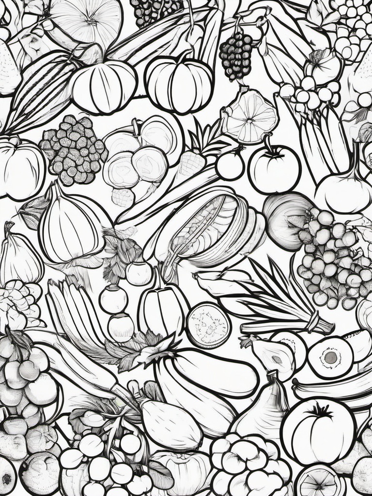 Bountiful Harvest Coloring Pages - Abundance of Fruits and Vegetables  minimal black outline printable sheet, coloring page