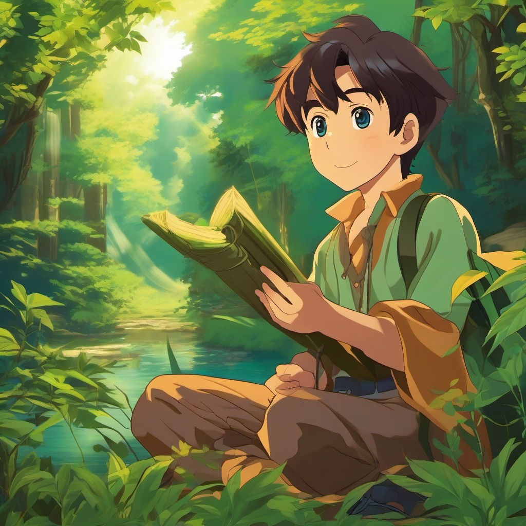 1990 Retro Anime Boy - Communes with nature and discovers ancient secrets.  clipart style