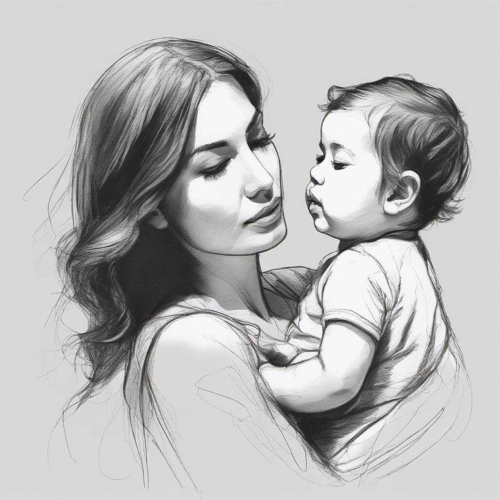 drawing of a woman and her child  minimal rough sketch scribbles,doodles,black and white