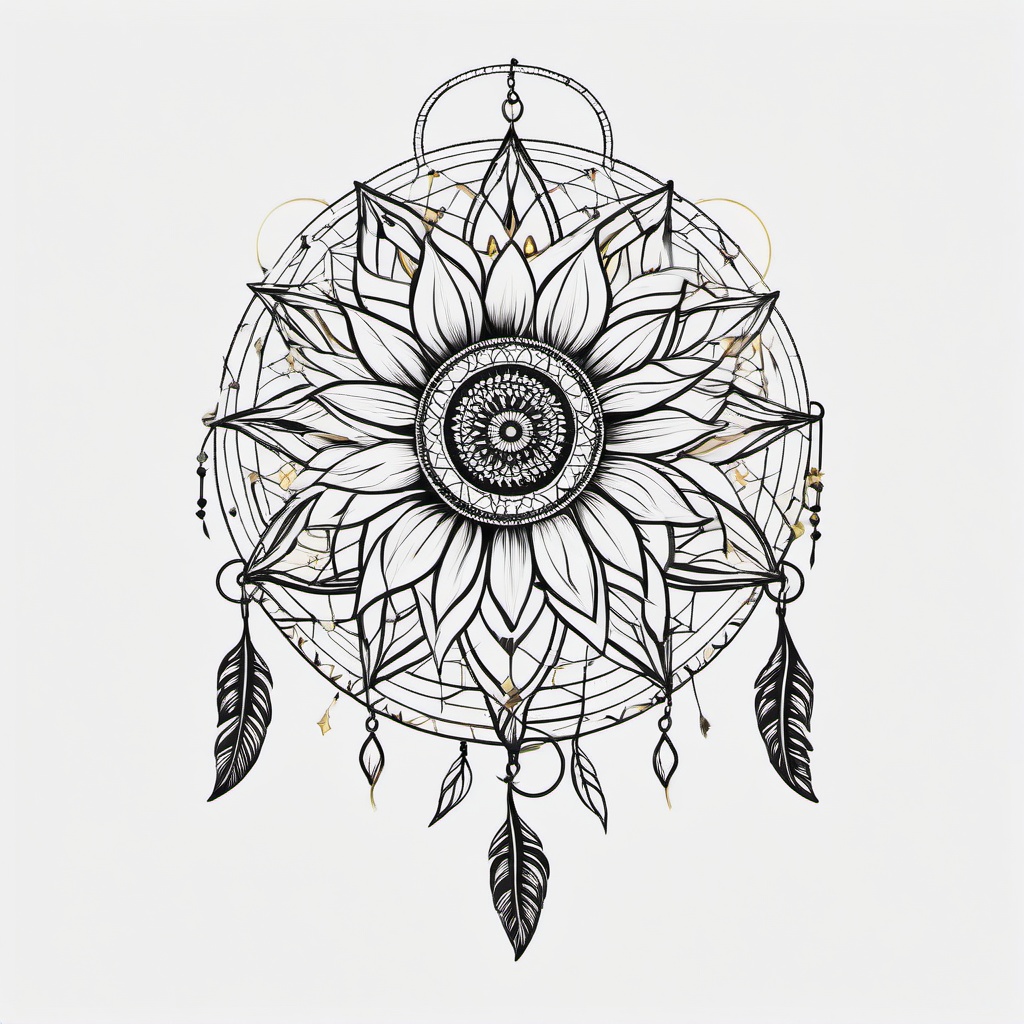 Sunflower Dreamcatcher Tattoo - Tattoo combining a dream catcher with sunflower motifs.  simple vector tattoo,minimalist,white background