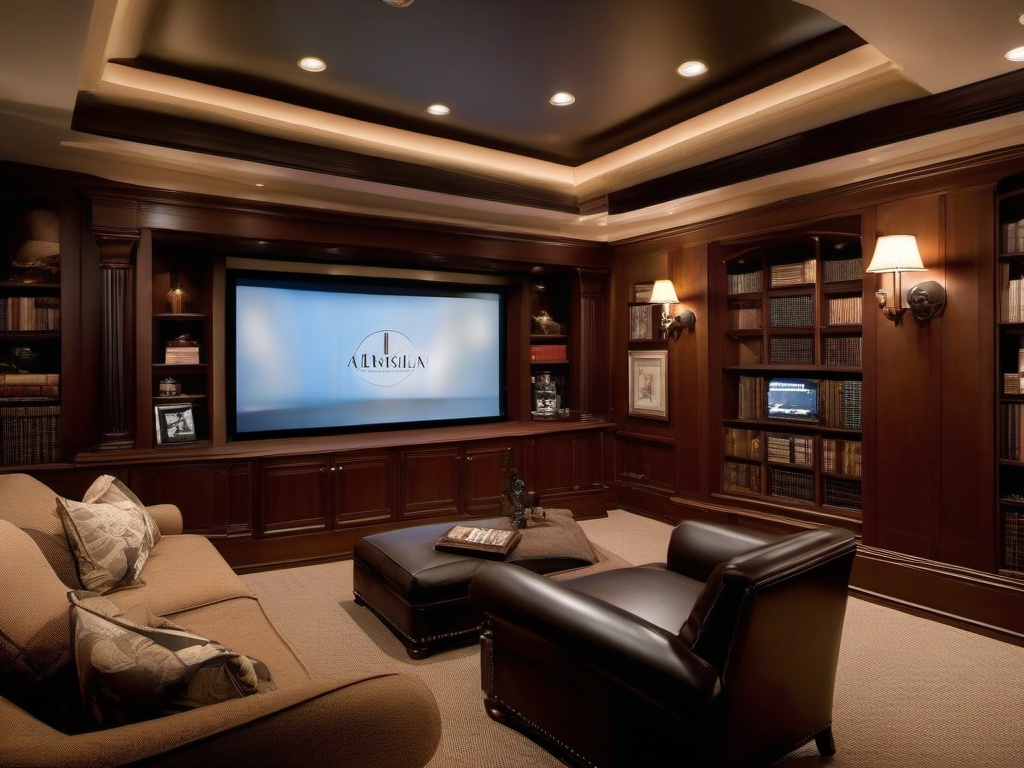 A media room designed with American Colonial interior design features comfortable seating, vintage decor, and soft lighting that enhances the cinematic experience in a refined setting.  