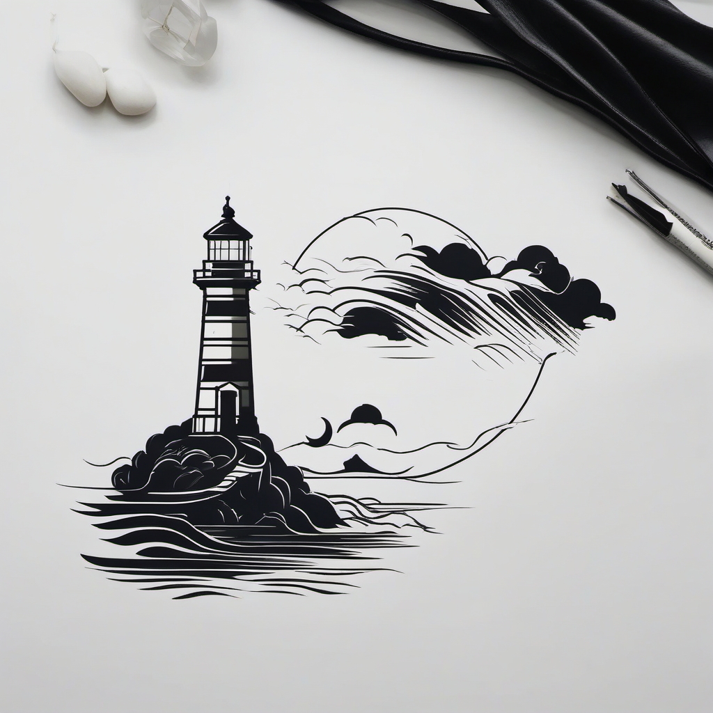 Guiding Lighthouse - Depict a lighthouse as a symbol of guidance and hope during dark times in a depression-themed tattoo.  outline color tattoo,minimal,white background