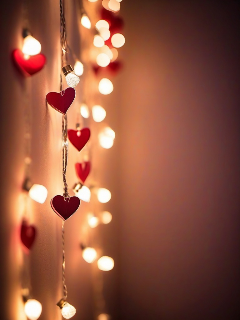 Valentines Day background - Heart-shaped fairy lights hanging in a soft-focus room  