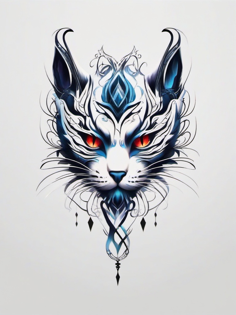 Demon Cat Tattoo-Creative and edgy tattoo featuring a demon cat, capturing themes of mystique and fantasy.  simple color tattoo,white background