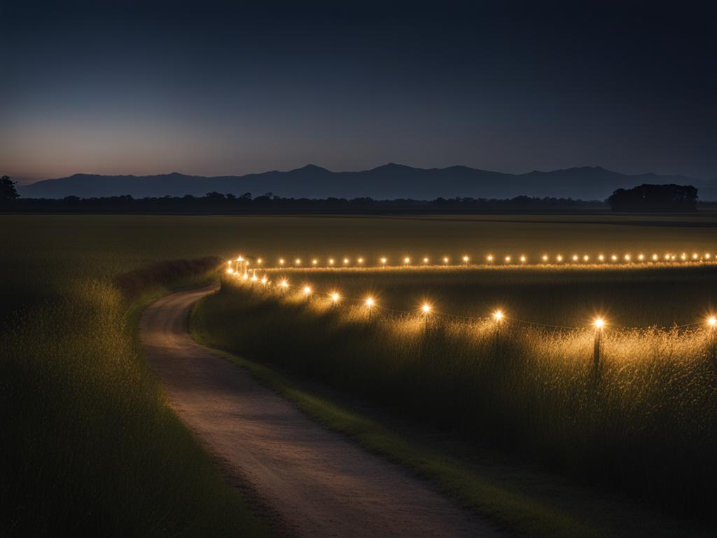 kibi plain - capture the timeless night view of the kibi plain, with lanterns guiding the way along historic cycling paths amidst rural scenery. 