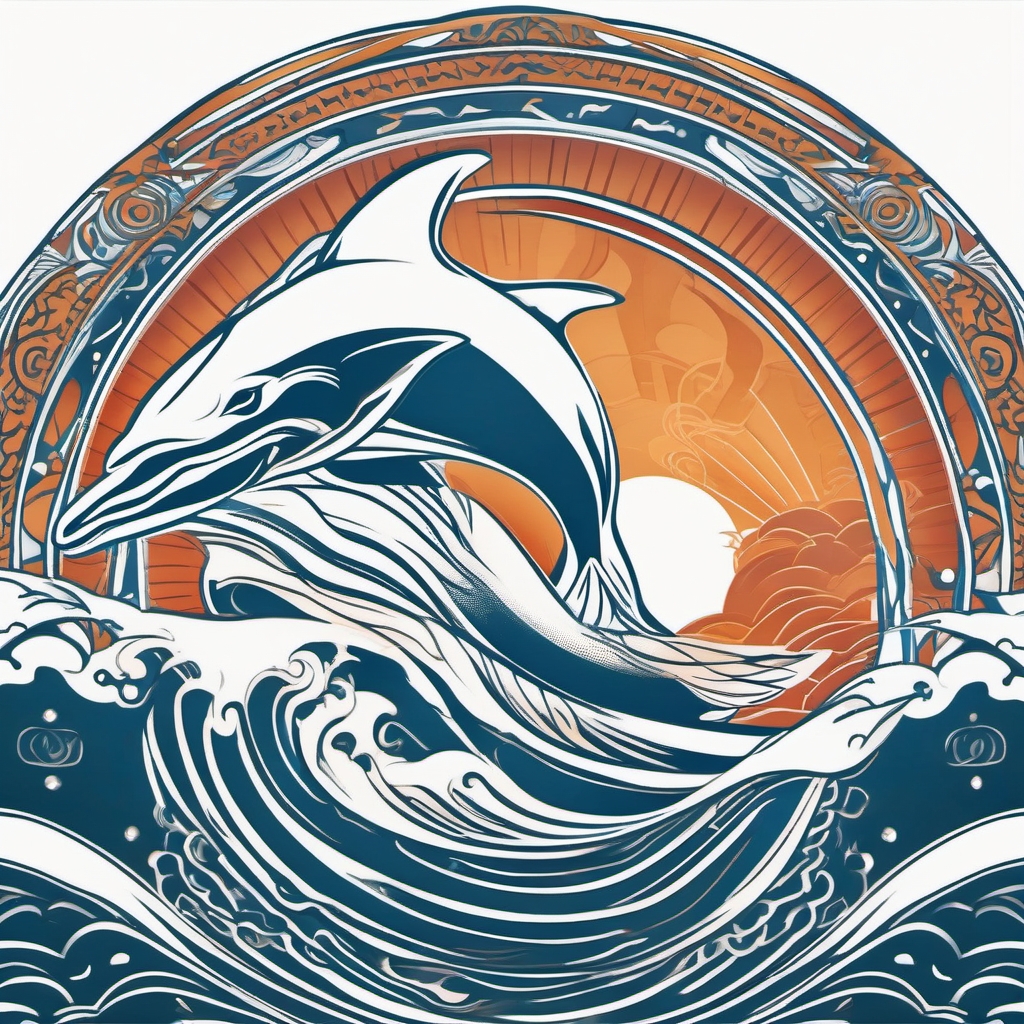 Ancestral Wave Rider - Blend cultural motifs with dolphins in a tattoo celebrating ancestral connections.  outline color tattoo,minimal,white background