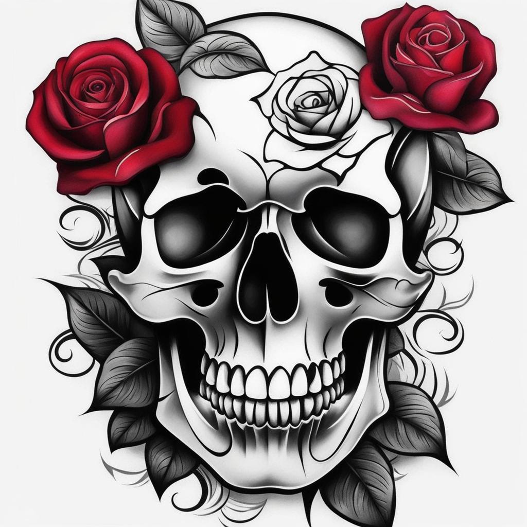 Skull rose tattoo, Creative tattoos combining skulls and roses. , color tattoo design, clean white background