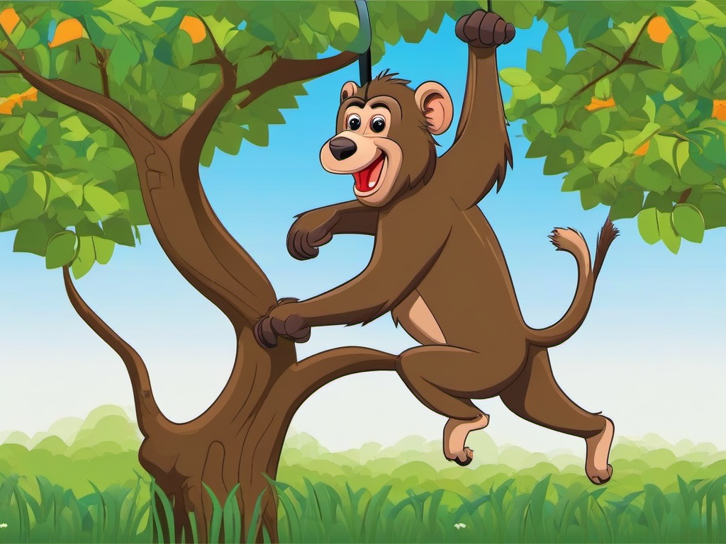 Baboon Cartoon - Cartoon of baboon swinging from tree  