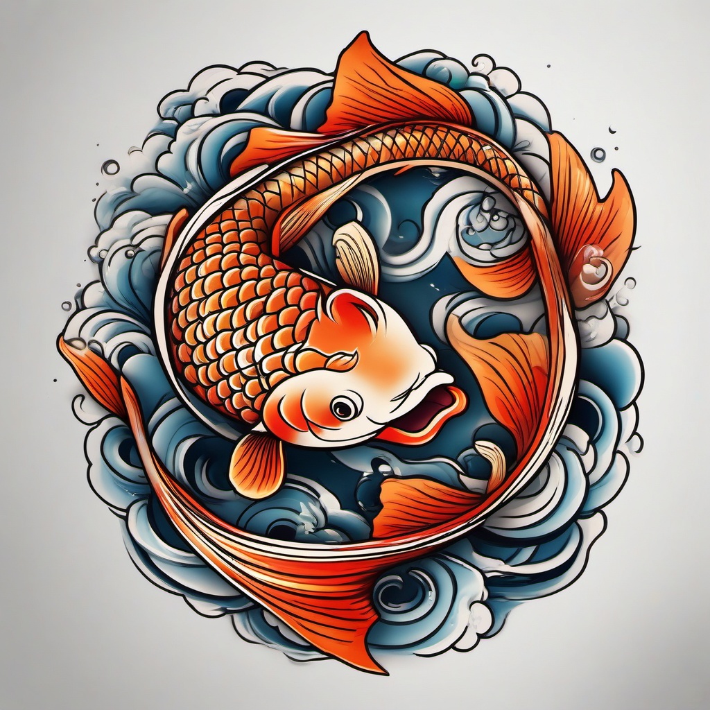 Traditional Koi Fish Tattoo,a traditional-style koi fish tattoo, capturing the essence of perseverance and transformation. , color tattoo design, white clean background