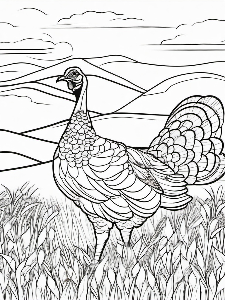 Turkey in a Field Coloring Pages - Turkey Walking Through a Sunny Meadow  minimal black outline printable sheet, coloring page