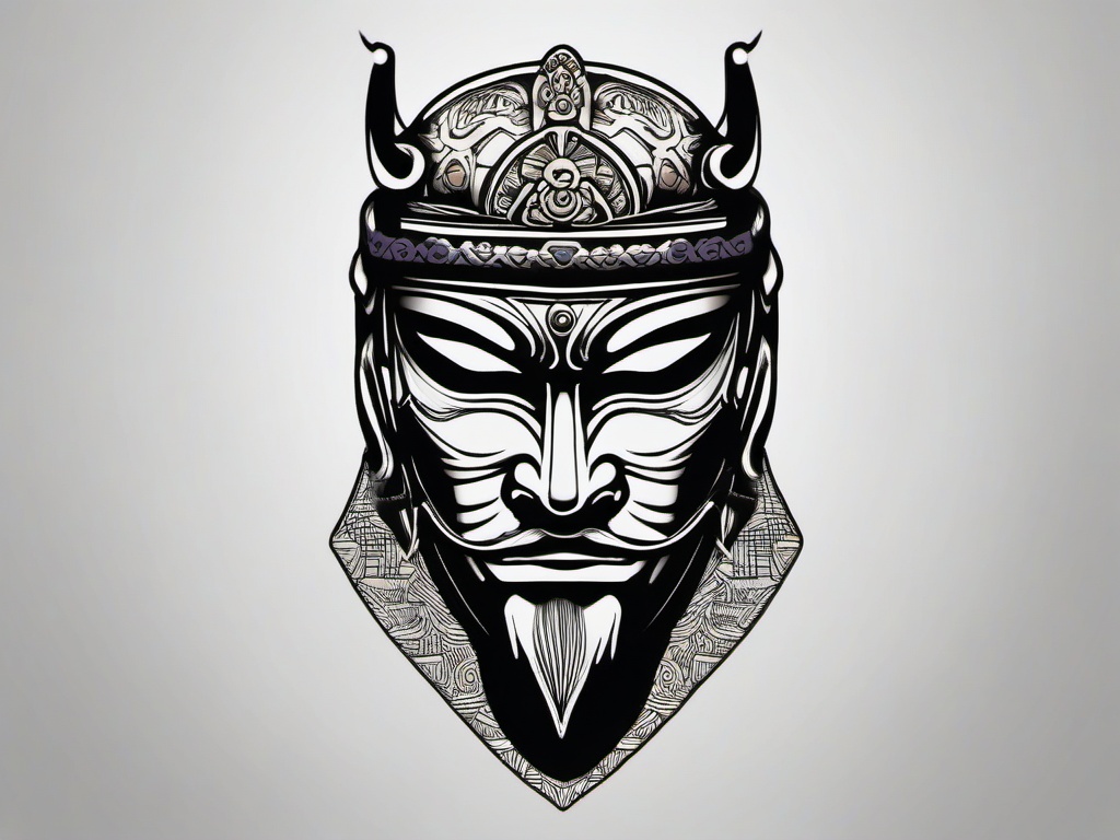 half samurai mask tattoo  simple color tattoo,white background,minimal