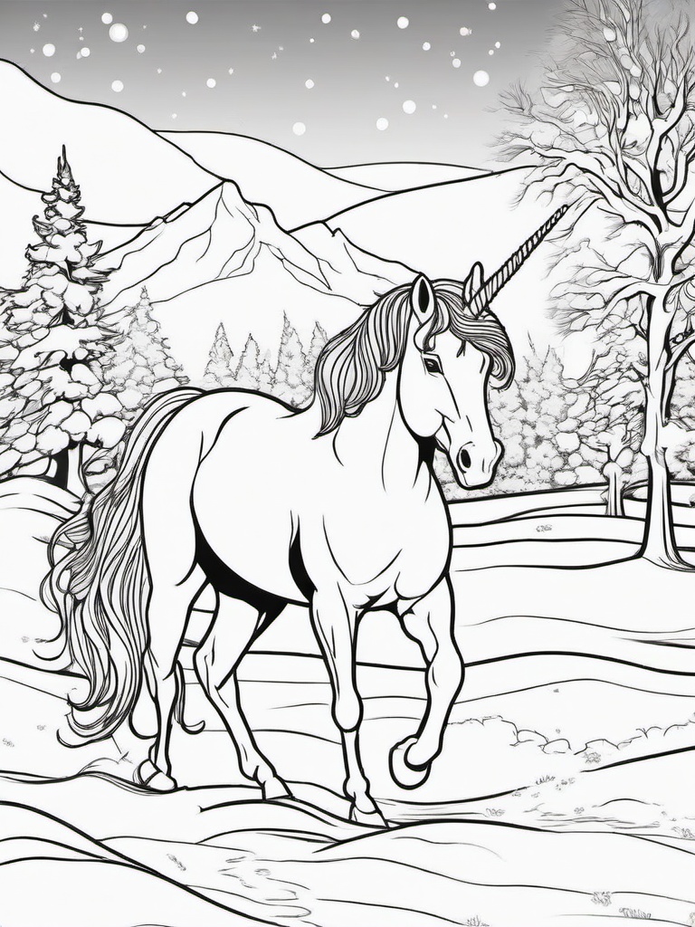 Unicorn Coloring Pages - Unicorn playing in a snowy landscape  simple coloring pages