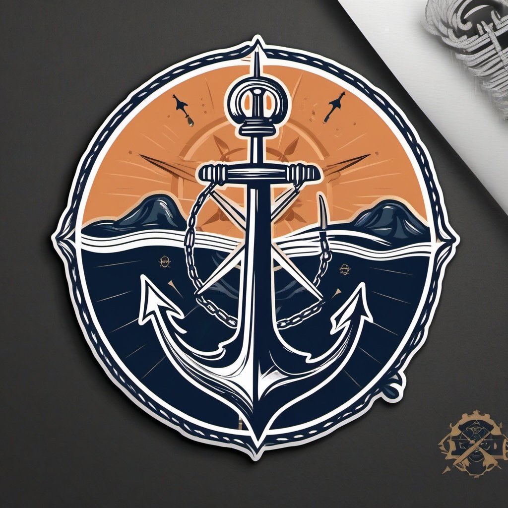 Anchor and Compass Rose Sticker - Nautical anchor with a compass rose, ,vector color sticker art,minimal