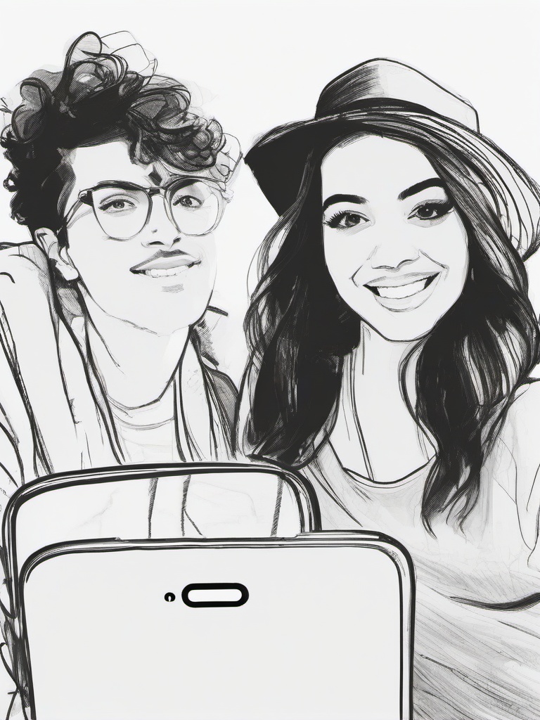 drawing of friends taking a selfie  minimal rough sketch scribbles,doodles,black and white