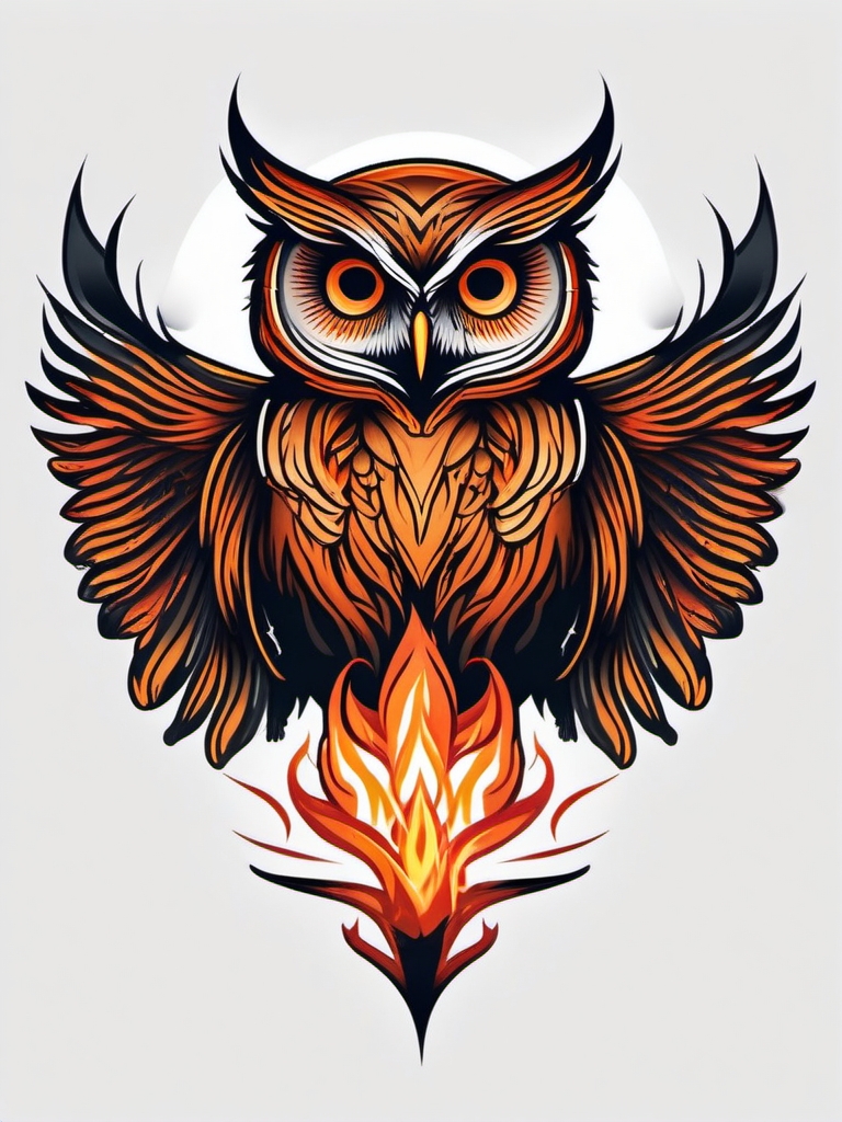 Burning owl tattoo rising from transformative flames.  color tattoo style, minimalist design, white background