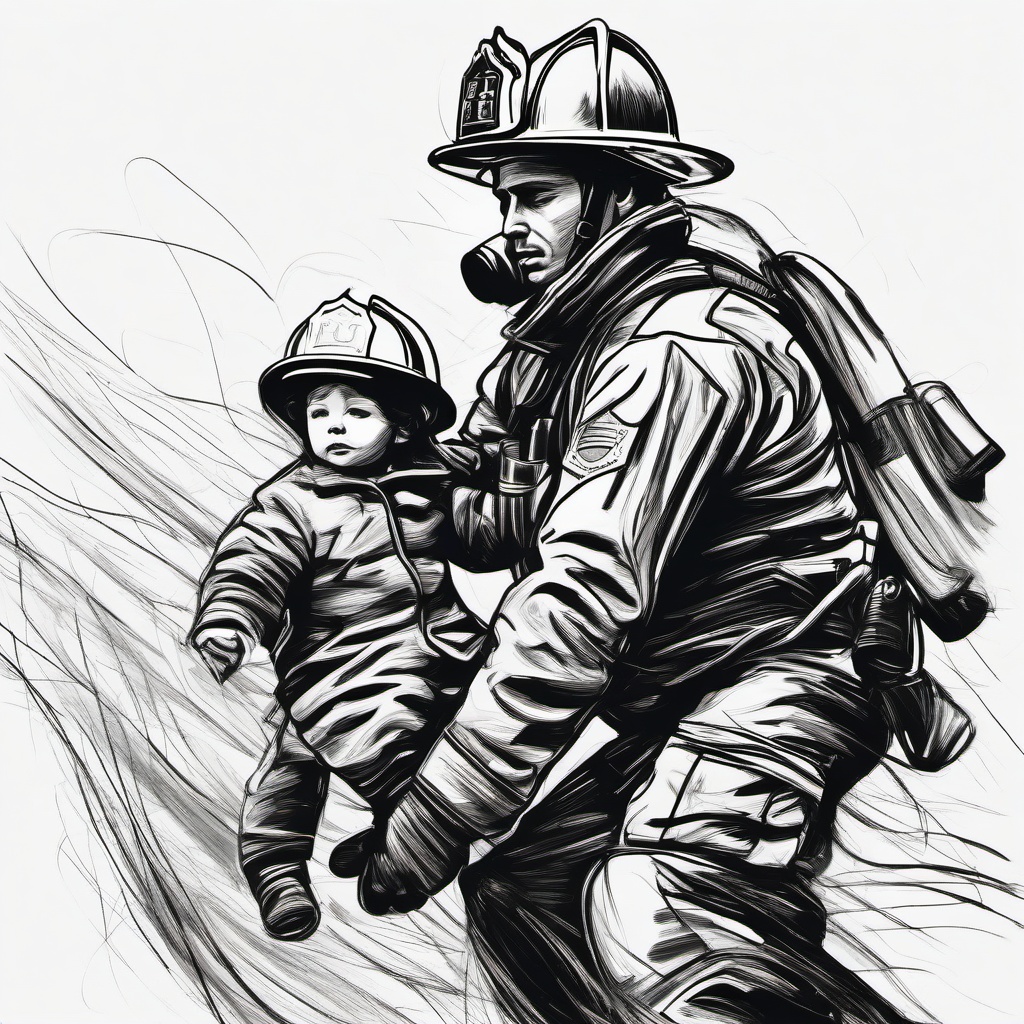 drawing of a firefighter saving a child  minimal rough sketch scribbles,doodles,black and white