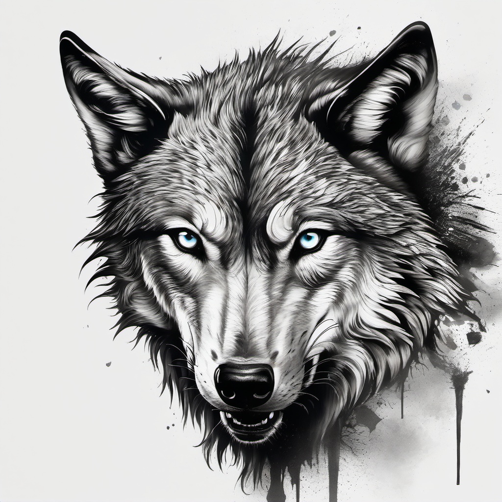 Bad Wolf Tattoo,tattoo capturing the darker side of the wolf, symbolizing untamed ferocity. , tattoo design, white clean background