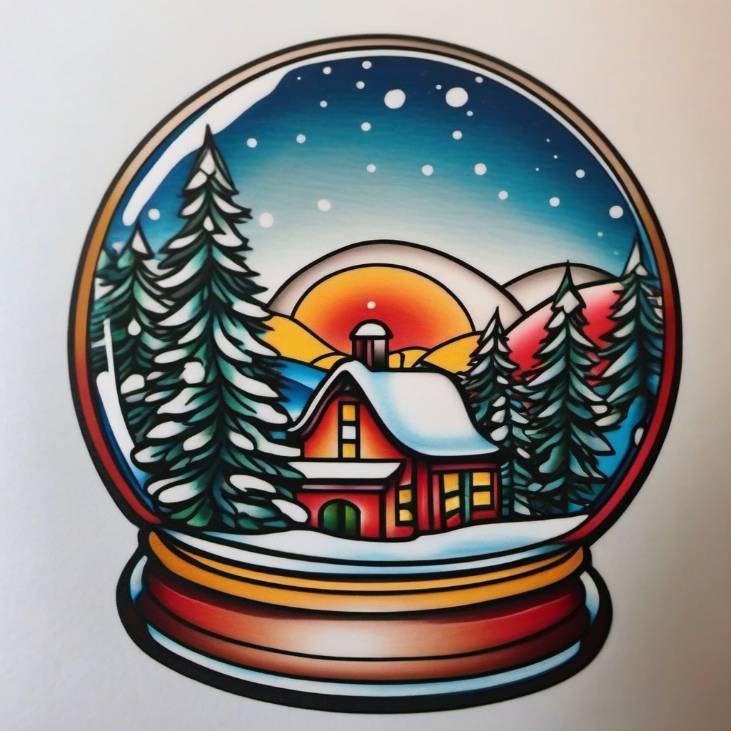 Traditional Snow Globe Tattoo - A traditional tattoo featuring a snow globe, combining nostalgia and art.  simple color tattoo design,white background