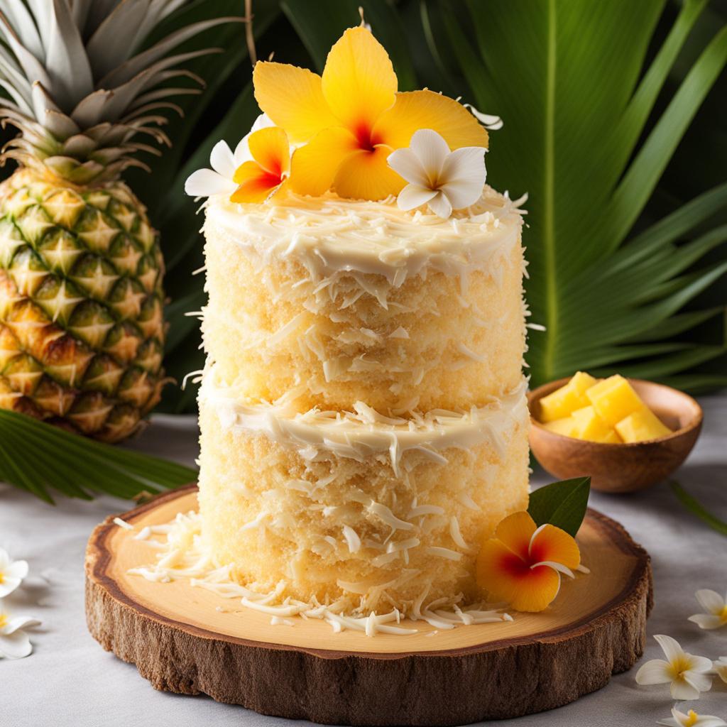 coconut pineapple cake with toasted coconut flakes, relished at a tropical luau. 