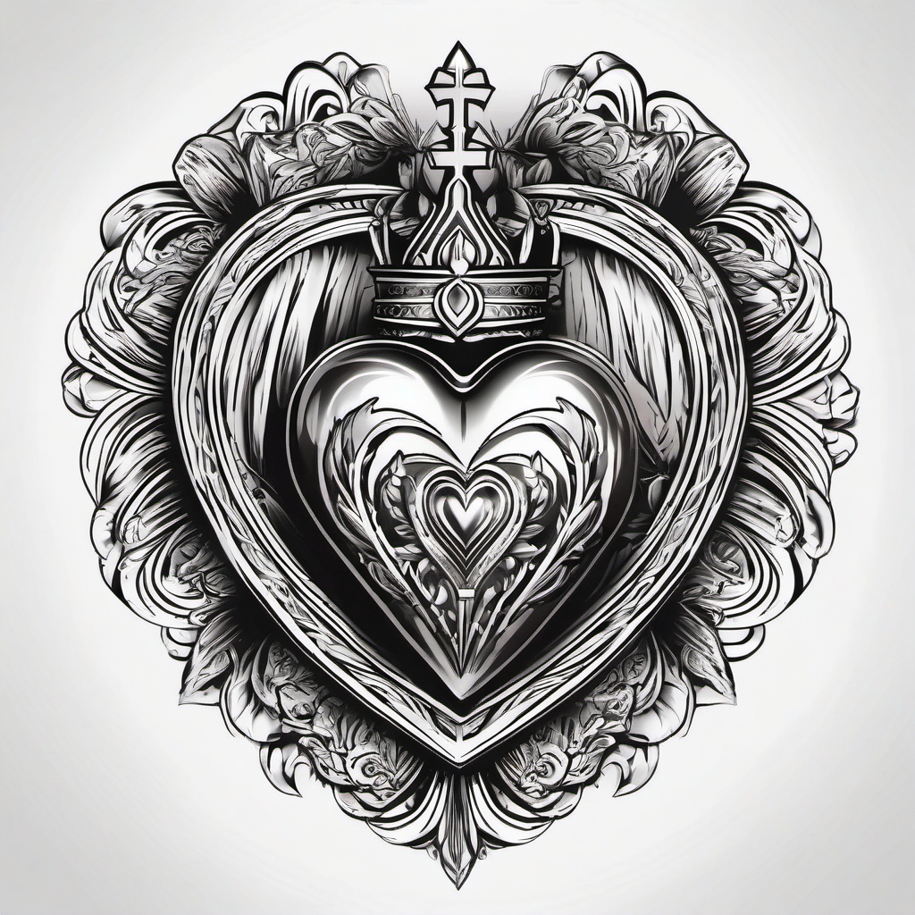 Sacred heart tattoo: Devotion to the compassionate Catholic heart of Jesus.  black white tattoo, white background