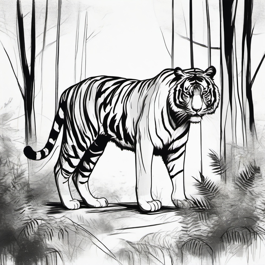 drawing of a tiger in a forest  minimal rough sketch scribbles,doodles,black and white