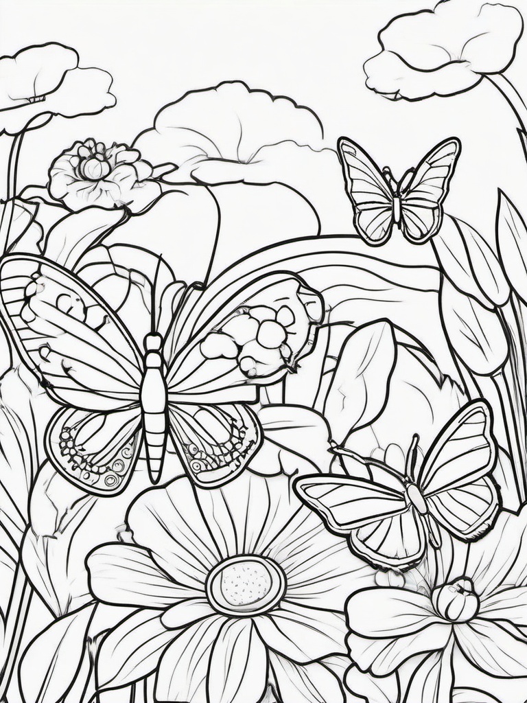 Butterflies and Ladybugs Coloring Pages - Adorable Insects in a Playful Scene  minimal black outline printable sheet, coloring page