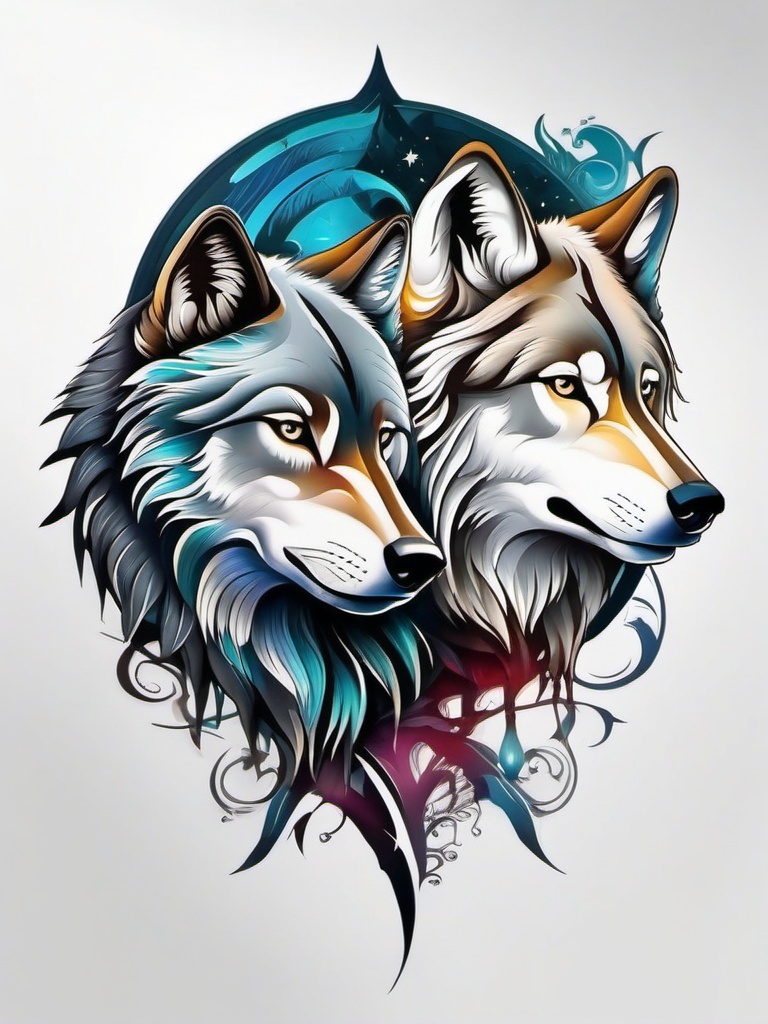 2 Wolves Tattoo,two wolves depicted together, signifying partnership and harmony in the wild. , color tattoo design, white clean background