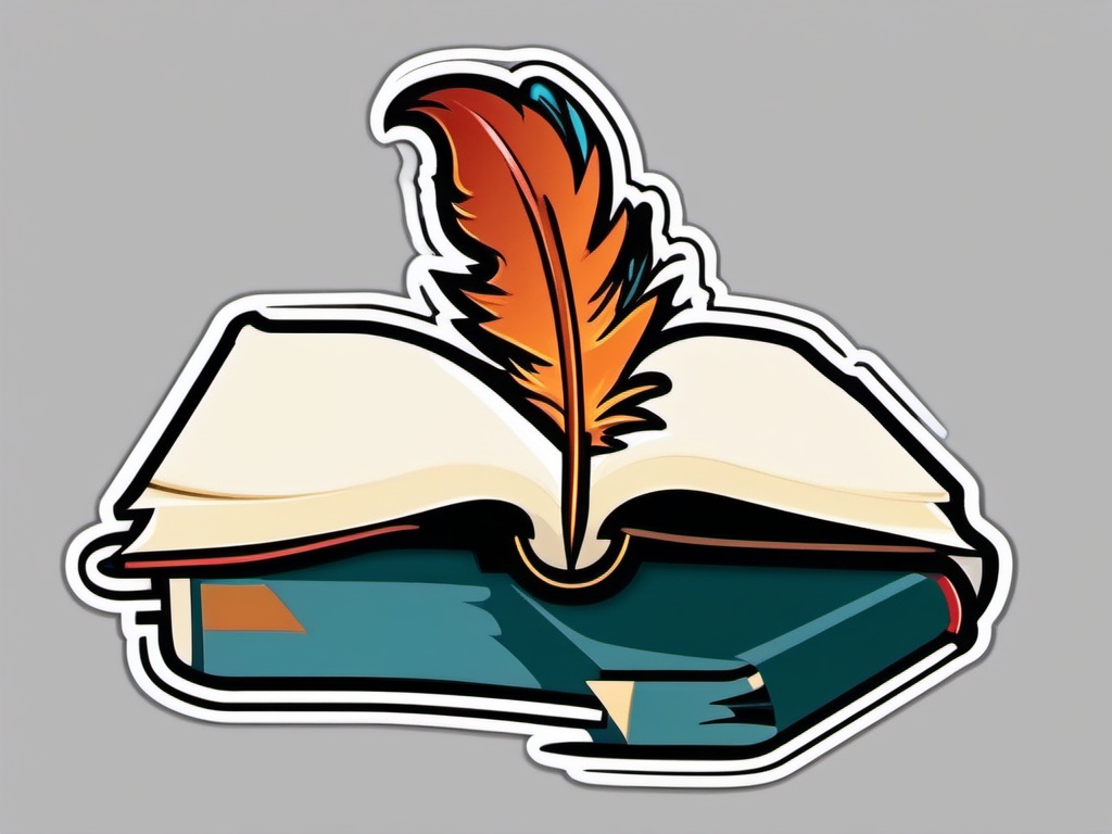 Book and Quill Sticker - Open book with a feather quill, ,vector color sticker art,minimal