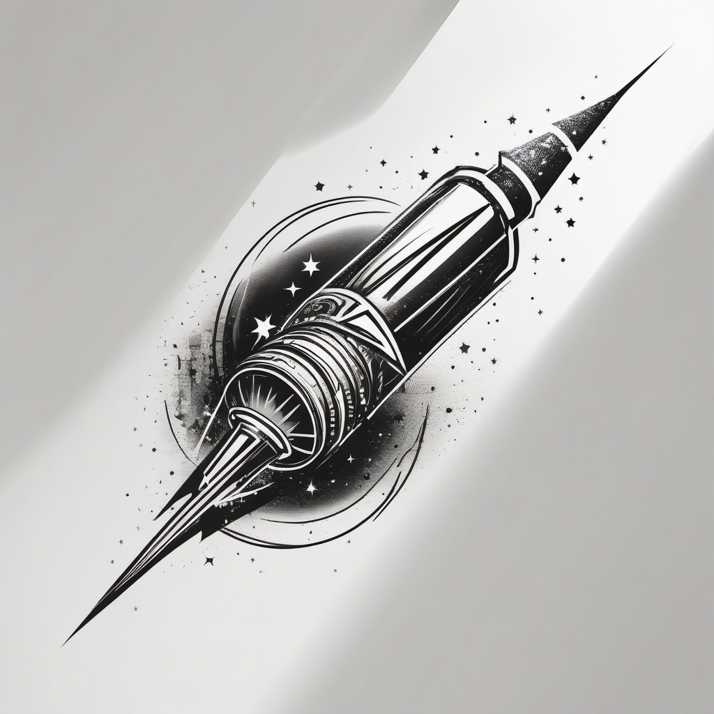 Bullet with celestial elements tattoo. Cosmic force of ballistic energy.  minimalist black white tattoo style