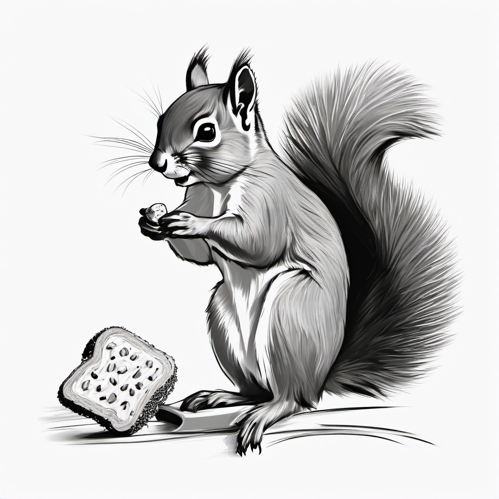 drawing of a squirrel nibbling on a snack  minimal rough sketch scribbles,doodles,black and white