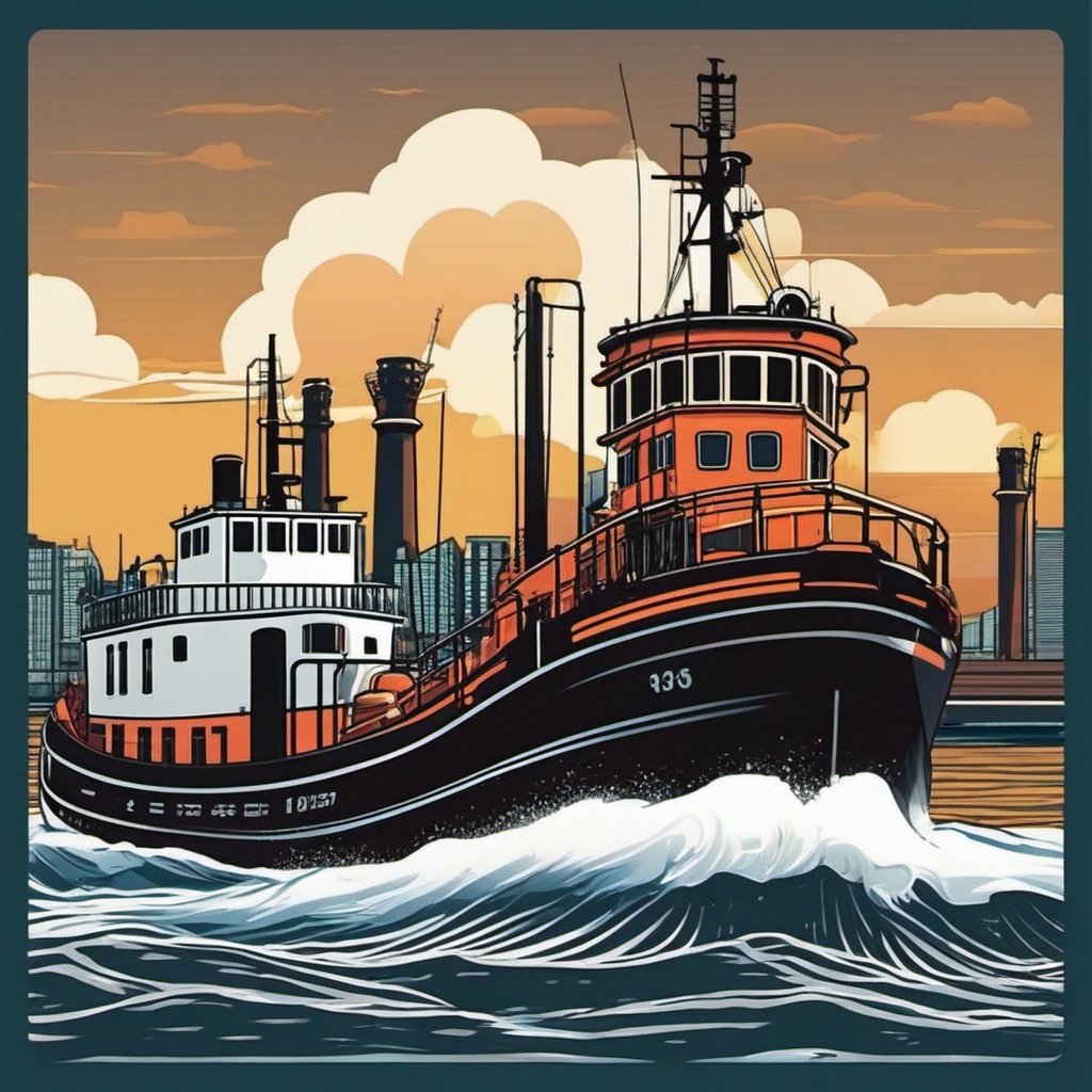 Tugboat Pulling Ship Sticker - Harbor assistance, ,vector color sticker art,minimal