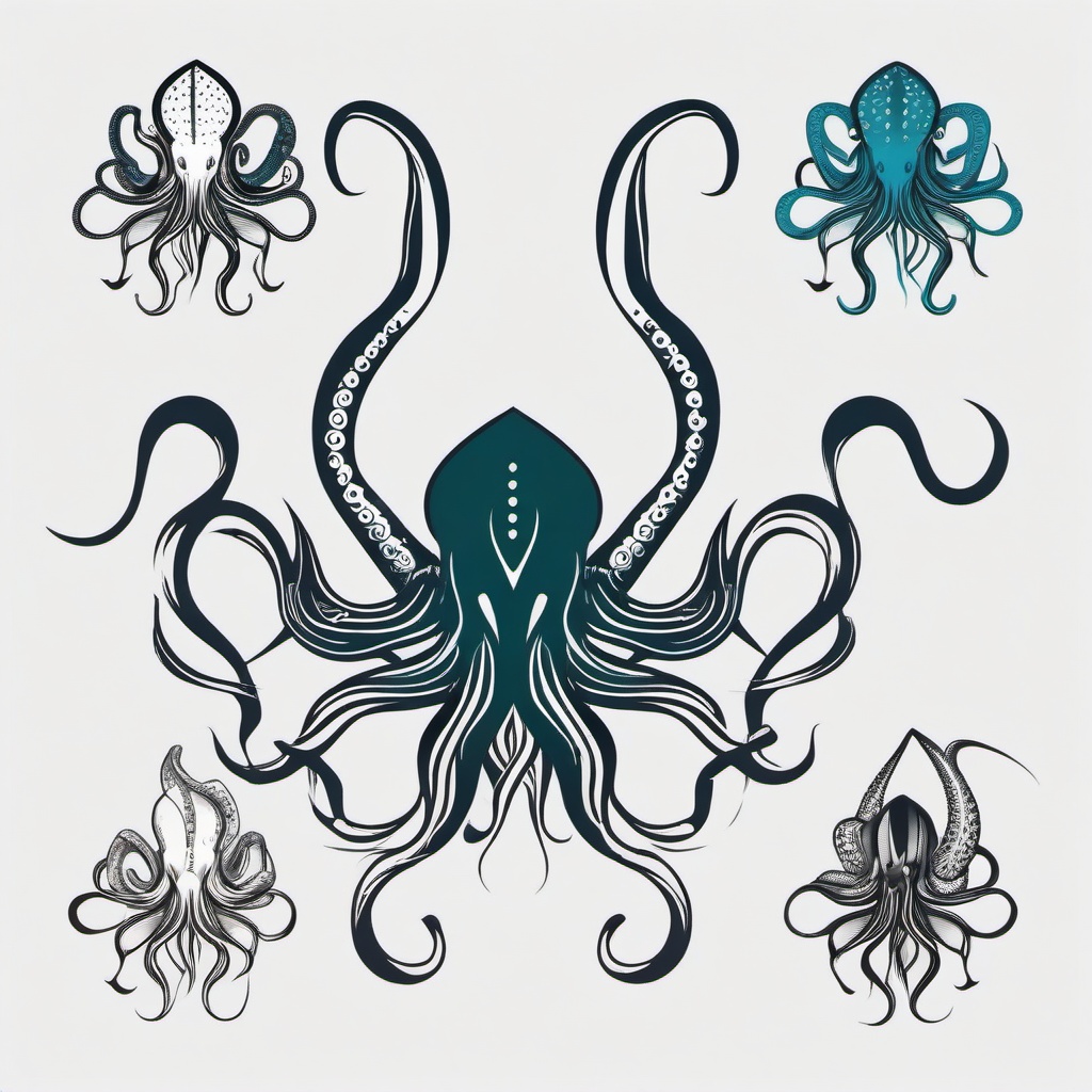 Squid Tattoos - Explore tattoos featuring the squid, a close relative of the octopus, for unique aquatic ink.  simple vector color tattoo,minimal,white background
