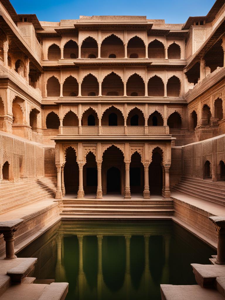 indian stepwells, with ornate facades, provide respite in the deserts of rajasthan, india. 