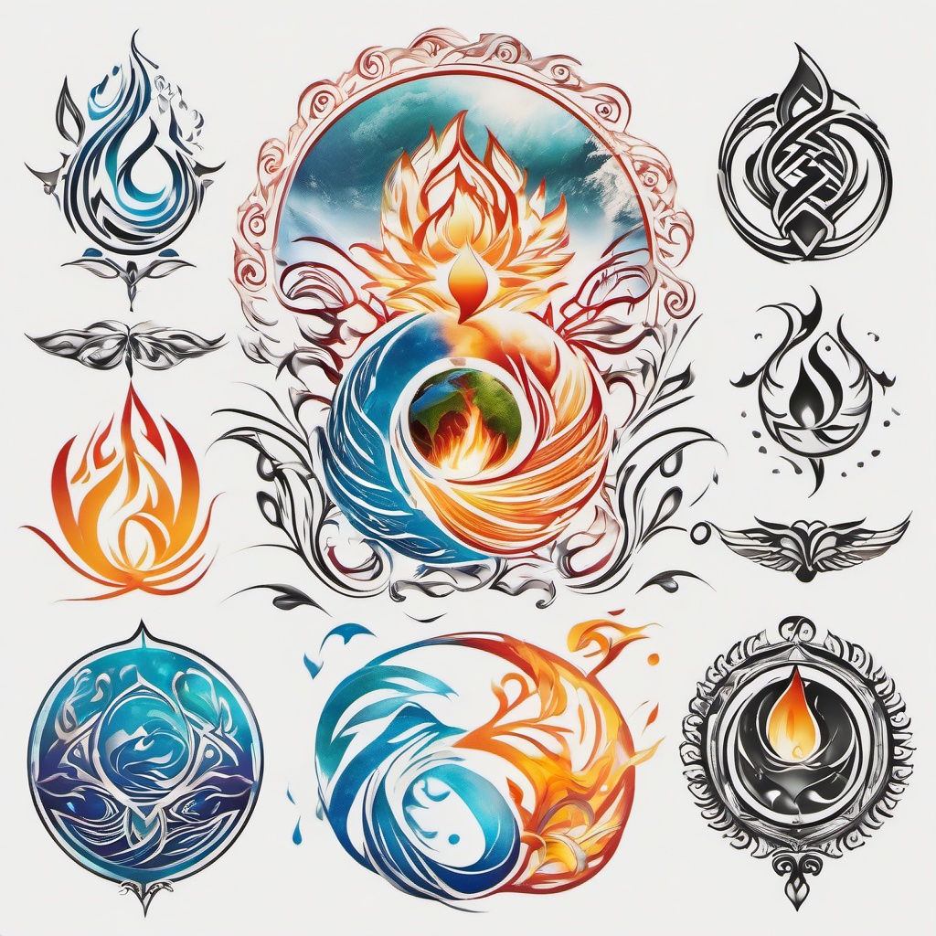 earth wind fire water symbols tattoos  simple color tattoo,white background