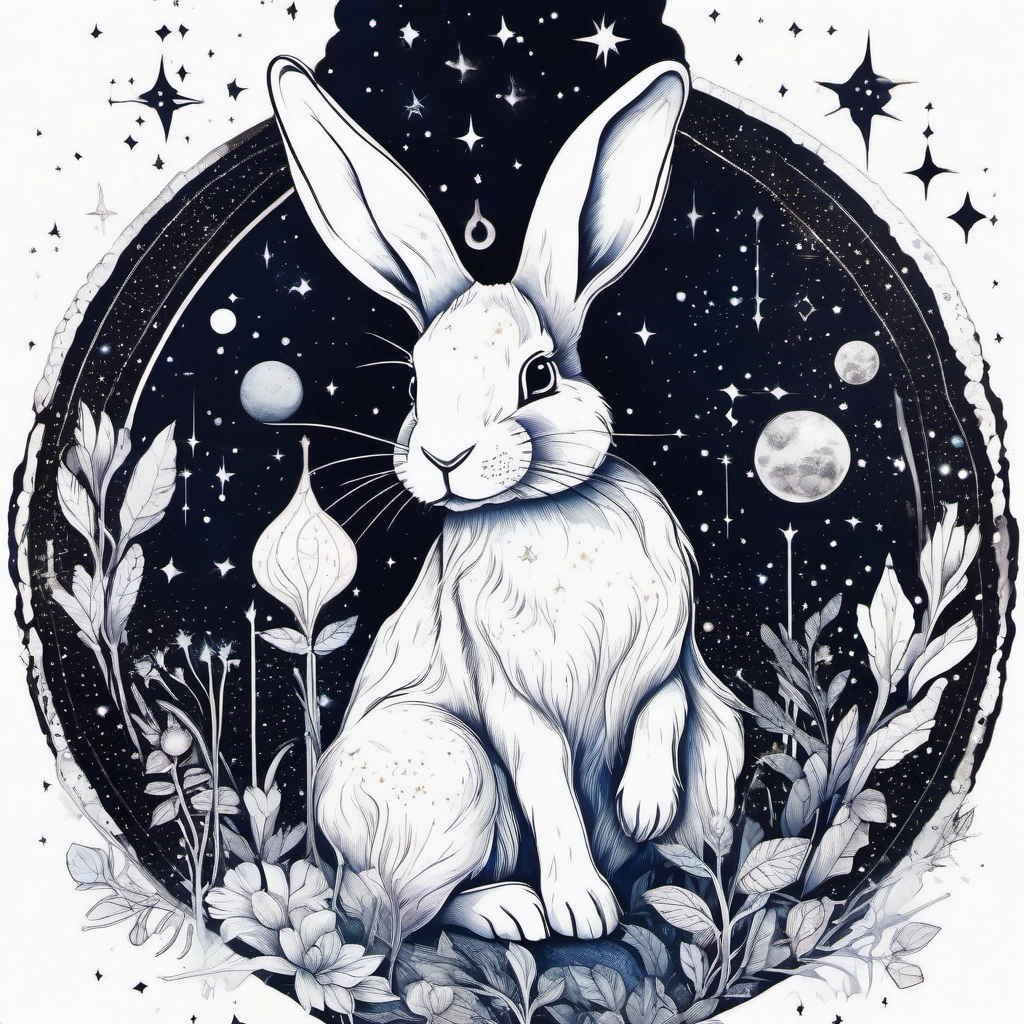 Rabbit and stardust constellations ink. Celestial bunny alignment.  color tattoo, white background